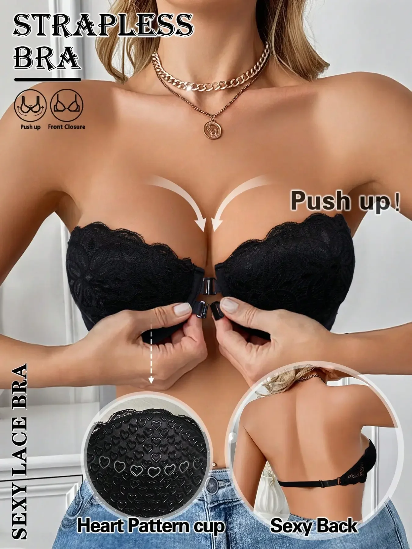 Strapless Bra Backless - Seksi Dantel Detaylı Ön Tokalı Straplez